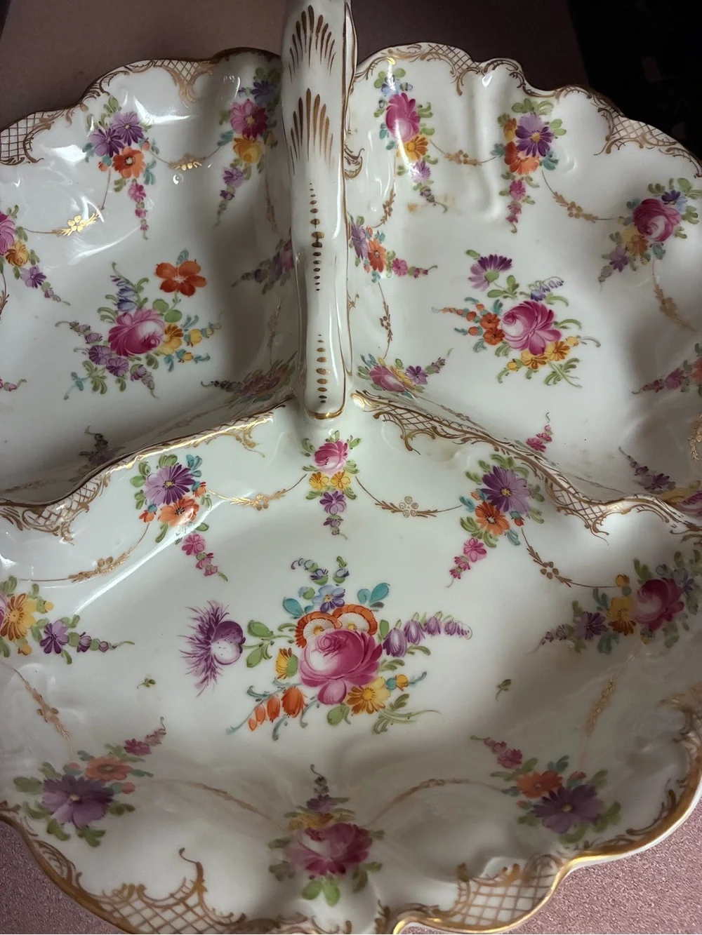 Vintage  hand painted Floral Divided Serving Dish with Gold Trim -